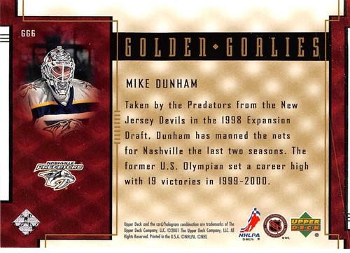 2000-01 UD Reserve Golden Goalies #GG6 Mike Dunham - Picture 3 of 3
