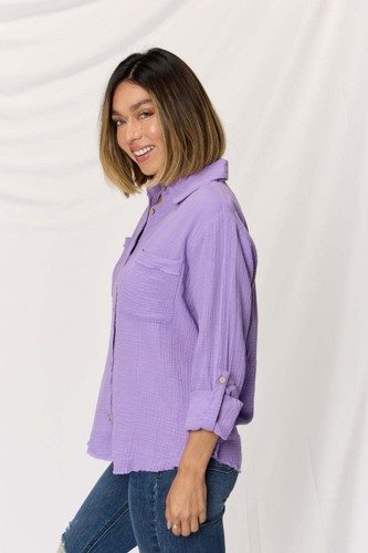 Zenana Texture Button Up Raw Hem Long Sleeve Shirt - 第 3/9 張圖片