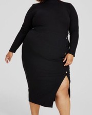 Nina Parker Women's Black Rib Mock Neck Asymmetrical Button Dress Plus Size 0X