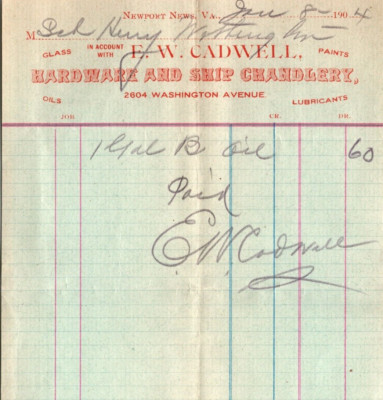 Cadwell Newport News VA 1904 Billhead Hardware and Ship Chandlery