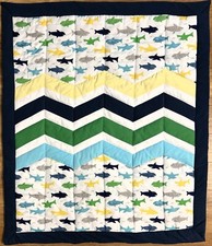 Baby Quilt Handmade Sharks Pattern Chevron Patchwork Crib Bedding 37"x 42" NEW