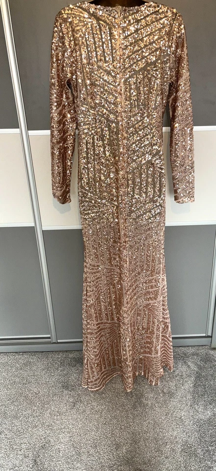 Elegante Maxi Vestido Oro Rosa Lentejuelas Noche Ocasión Crucero Cóctel Fiesta Talla 8 Foto 4 de 4