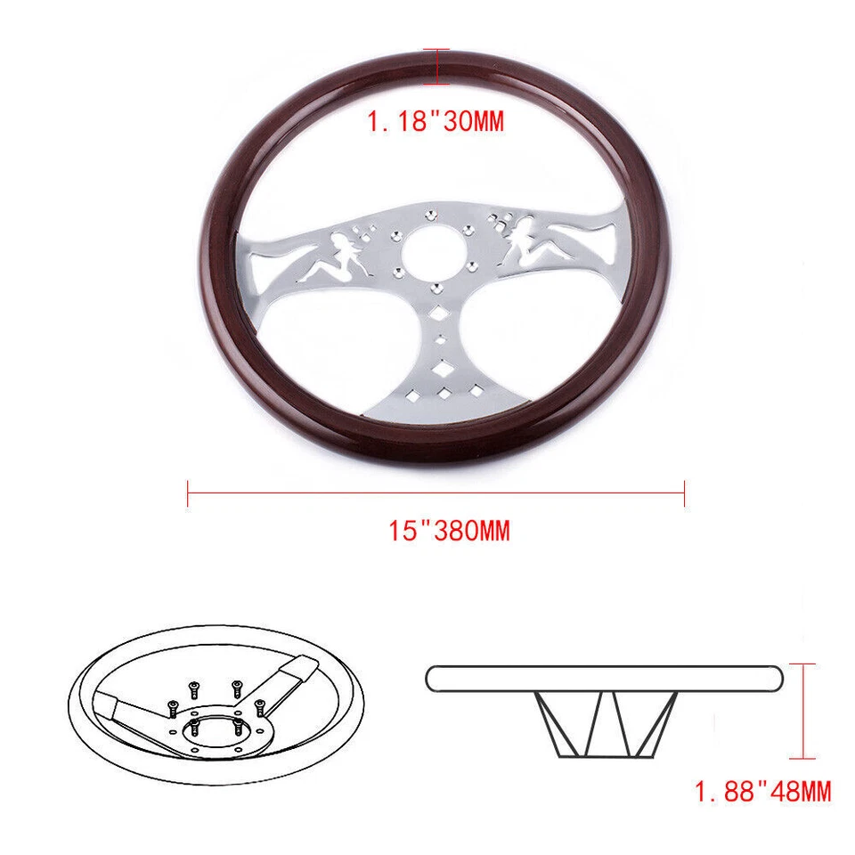 15"/380mm Classic Mahogany Wood Grain Brown Trim Steering Wheel with Horn Button Foto 3 de 4