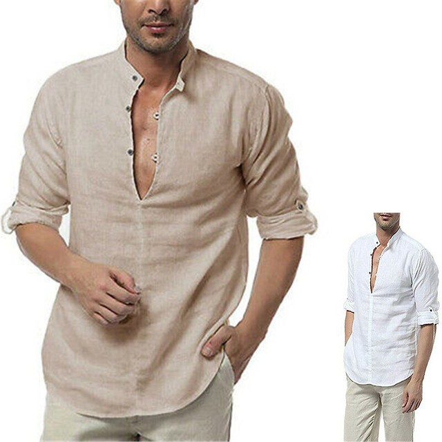 Collarless Linen Shirt Beach Tops Causal VNeck Long Blouse Vneck