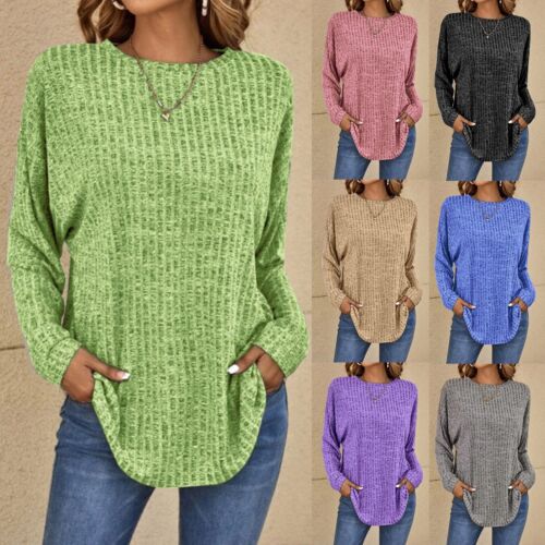 Women's Casual Long Sleeve Shirts Crewneck Ribbed Knit Plain Tunic Tops Pullover