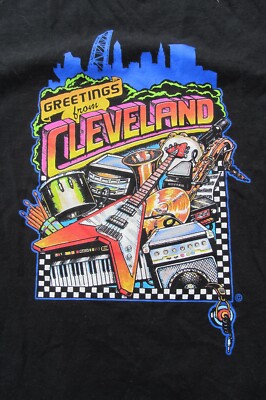 TShirt L - CLE Greetings from Cleveland Rock n Roll Instruments Skyline colorful