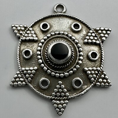 Sterling Silver Tribal Sun Shield Pendant Black Onyx Center Signed 925 Ring