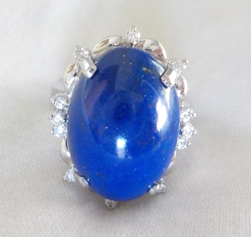 Heavy Platinum Lapis Lazuli Diamond Halo Ring - 12.14 gms, Sz 5.5, 13.67 ctw