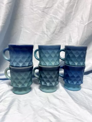 6 Vintage Fire King Anchor Hocking Blue Kimberly Diamond Mugs Cup DR2.3