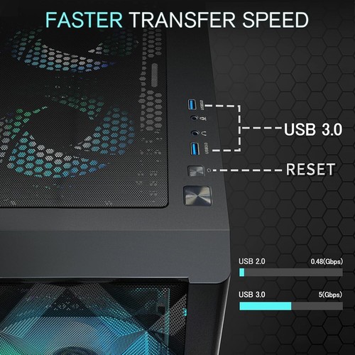 Boîtier PC Gaming Maille Polygonale Avancé, 6 Ventilateurs ARGB et USB 3.0 pour Transferts Rapides - Photo 6/8