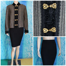 St. John Collection Knits Black Gold Jacket Skirt L 14 12 2pc Suit Faux Fur Trim