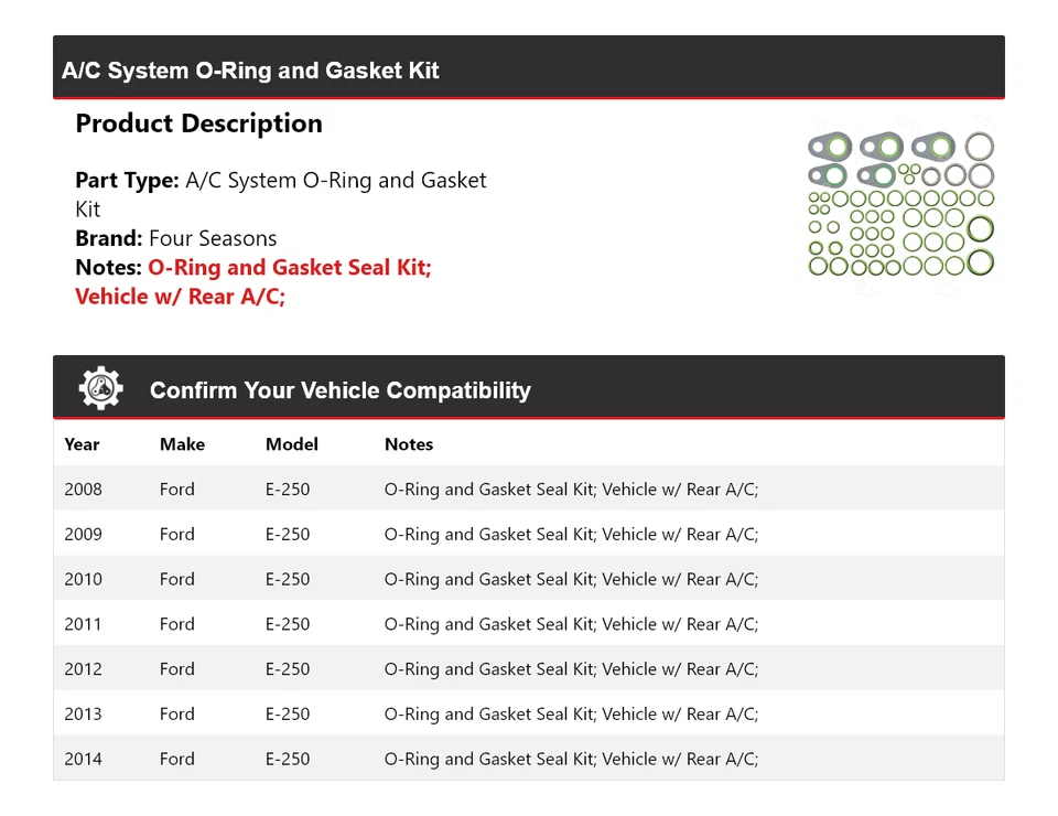 For 2008-2014 Ford E-250 A/C System O-Ring and Gasket Kit 4 Seasons 2009 2010 - Image 2 of 4