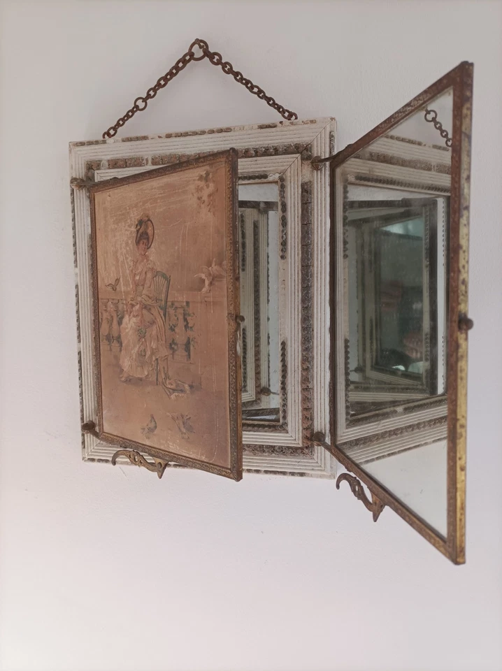ancien miroir glace triptyque decor cadre Laiton bois 19eme a restaurer - Photo 3/4