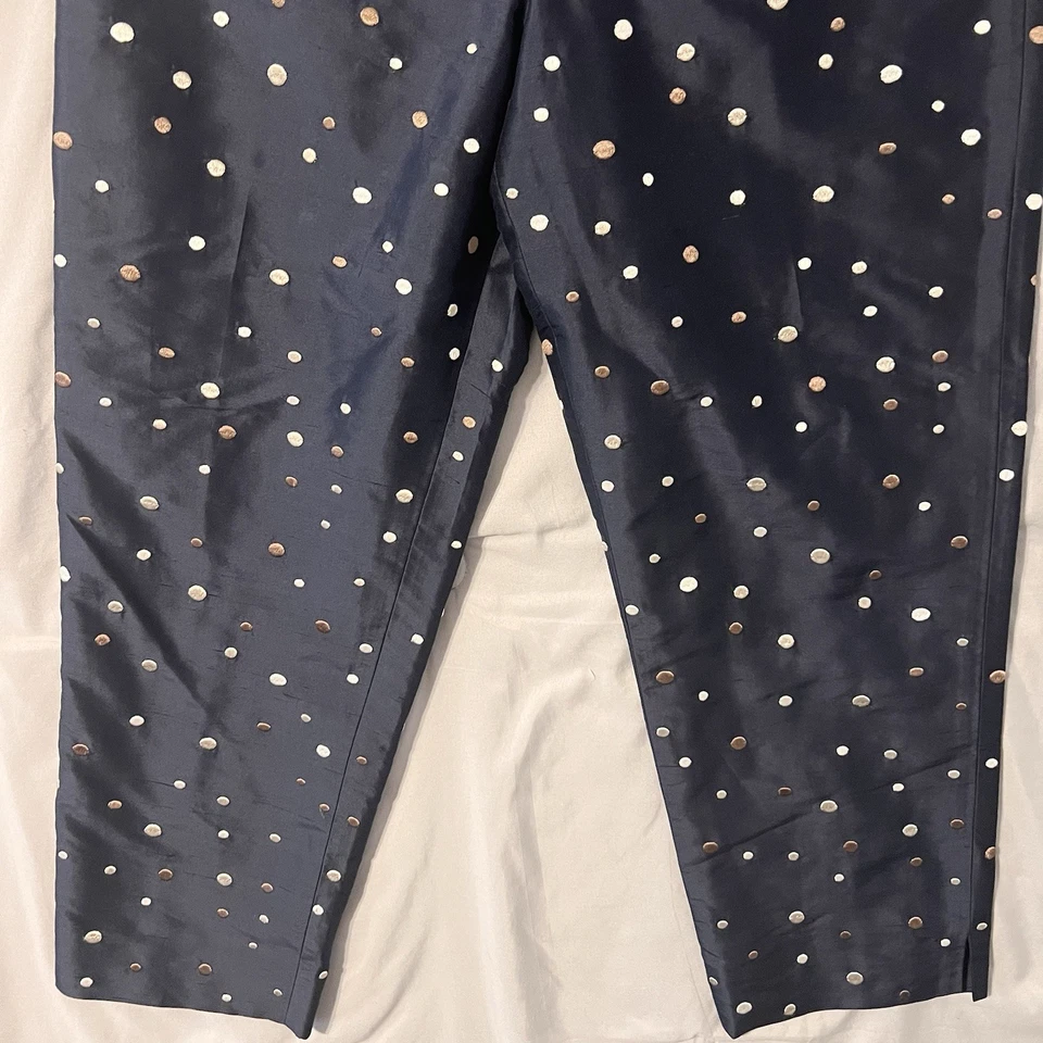 Calça Talbots 8 azul marinho seda pura cropped foil dot bordado totalmente forrado cintilante - Imagem 4 de 4