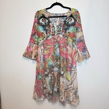A Line Ruffle Sleeve  Floral Print Sheer Y2K Boho Festival Mini Dress Womens Med