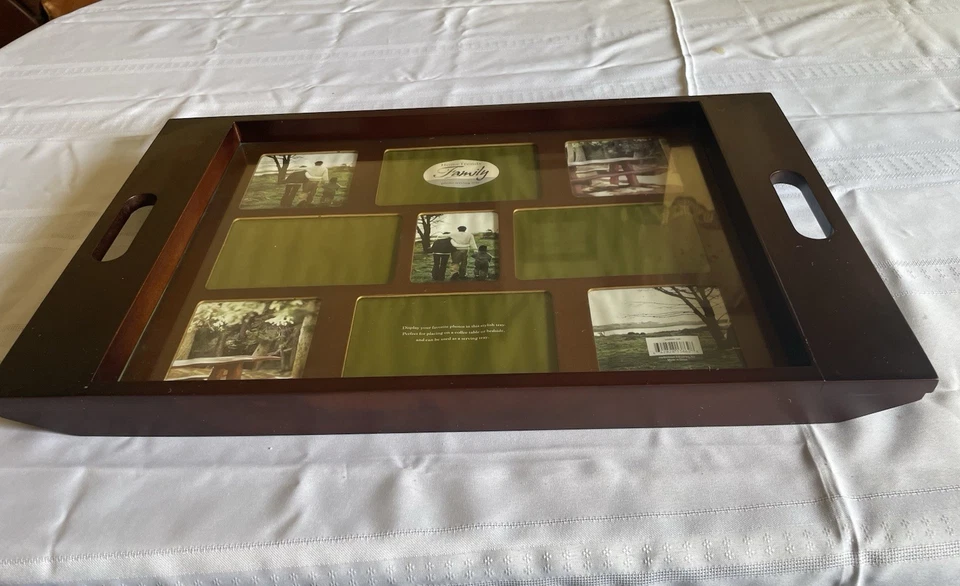 Family Photo Wood Serving Tray. Mahogany Finish. Glass Top. 22” x 13 3/4”x 1.5” - Image 3 of 4