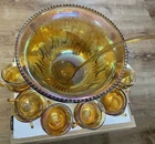 Imperial Marigold Carnival Glass Punch Bowl Set 12 Cups, Ladle, Bowl