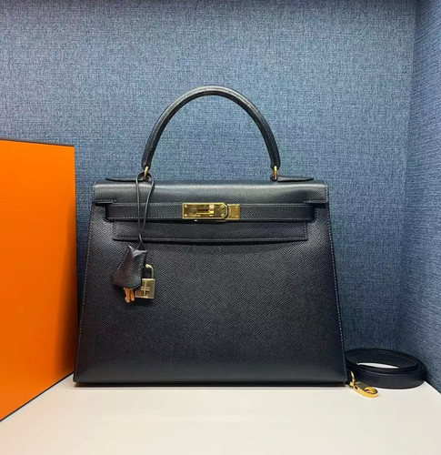 Auth Hermès Kelly 28 Midnight Blue Epsom Leather Gold Hardware Handbag