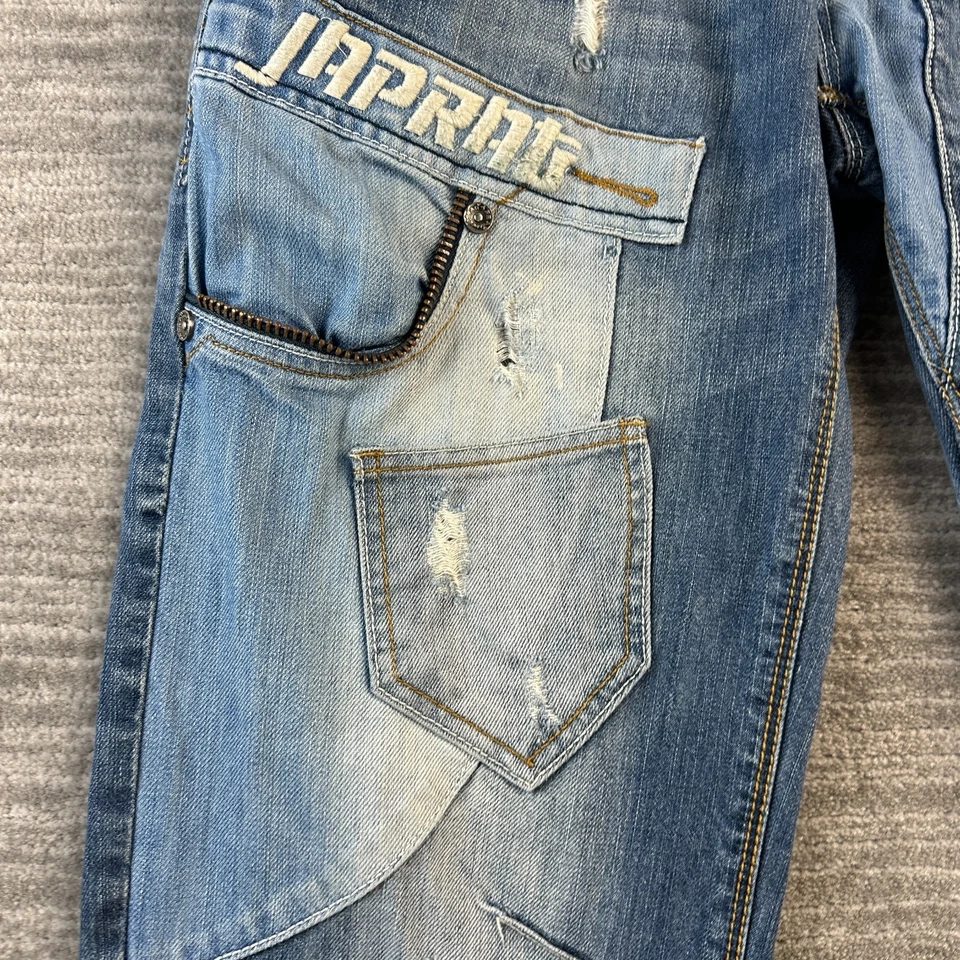 Pantalones de mezclilla Japrag para hombre 34x30 azules recortados Y2K tachonados botones mosca Foto 4 de 4