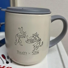 TULLY'S COFFEE Ceramic Tumbler with Lid Rabbit Cat Design Cream Gray