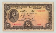IRELAND 5 Pounds 1949, P-58b1 LTN29, Brennan/McElligott, Crisp F/VF (Pressed)