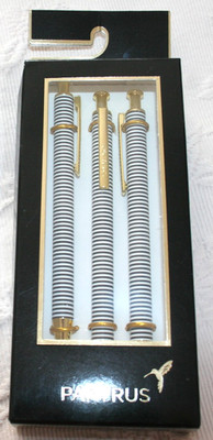 Papyrus CLICK PENS Set of 3 BALLPOINT Striped GOLD TONE Black Ink Company name