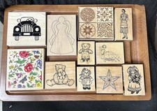 Lot of 14 Vintage Rubber Stamps- Bears, Women, Star, Car, Floral, Geometric  ..