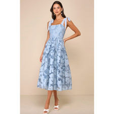 Lulus Proof of Perfection Blue Floral Tiered Tie-Strap Midi Dress Cocktail M NWT