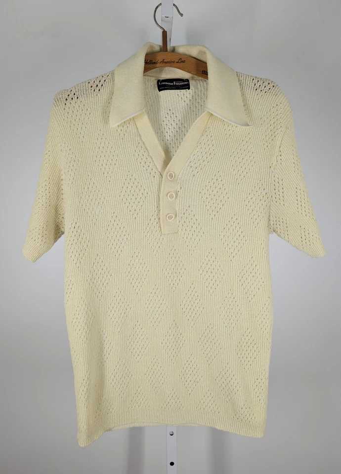 Vintage 1970s Italian Knit Disco Collar Polo Geometric Shirt Large Mod Yellow - Image 2 of 4