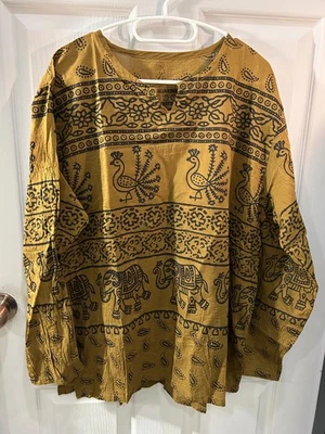 Thailand Elephant Long Sleeve Brown shirt Hipie Yoga boho Print Thin cotton Bird - Image 1 of 4