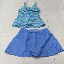 Tankini Swimsuit Set Womens Small Blue Striped Top Swim Skirt Two Piece Lined