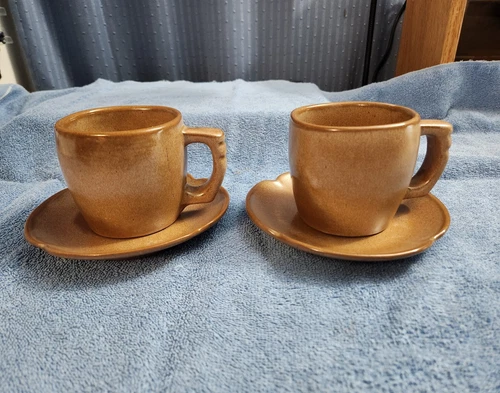 Frankoma Pottery, Set Of Coffee Cups #5C  & Saucers # 5E.  Prarie Gold / Sand. 