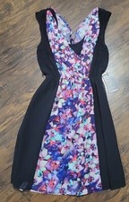 Express Purple Black Floral Panel Tie Waist Sleeveless Cocktail Party Dress XS