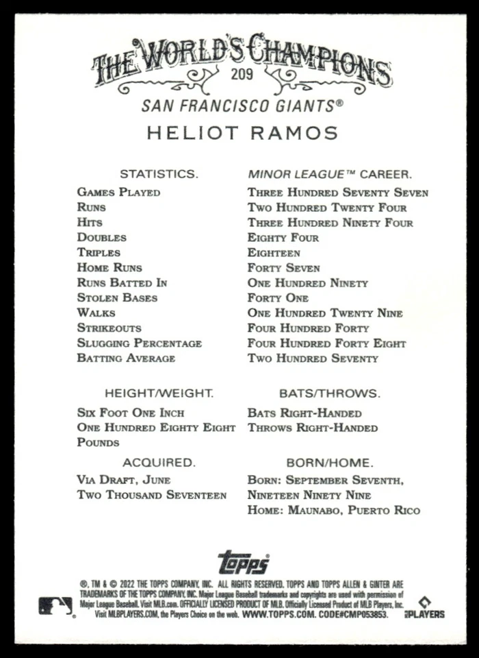 2022 Topps Allen & Ginter Heliot Ramos Rookie San Francisco Giants #209 R166 - Image 2 of 2