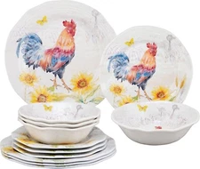 12 Piece Sunshine Rooster Melamine Dinnerware Sets, Outdoor Dishes,  Set of 4