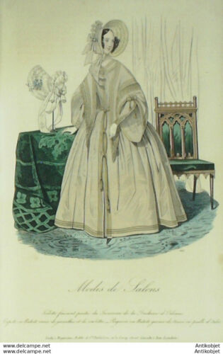 Gravure La mode 1837 n°615 Peignoir et capote en batiste garni de tresses - Zdjęcie 1 z 1