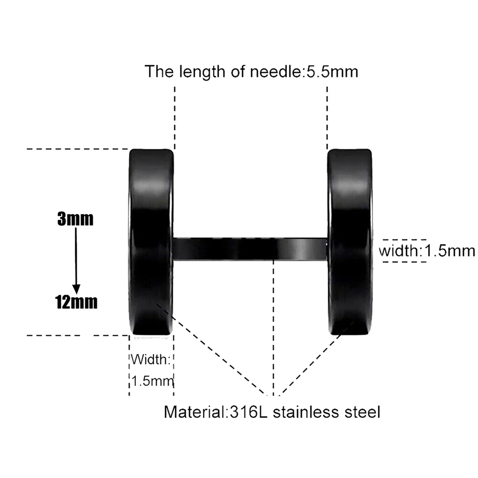 Pair Flat Round Barbell Plug Stud Earrings Surgical Stainless Steel Mens Unisex - image 2 of 4