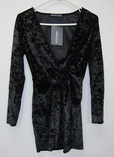 Pretty Little Thing Velvet Knot Front Long Sleeve Bodycon Dress US 0 Black NWT