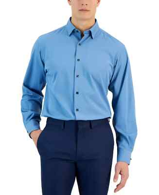 #ad Alfani Men Regular Fit Button Down Shirt Travel Knit Quiet Harbor Blue 15 15.5 $11.90