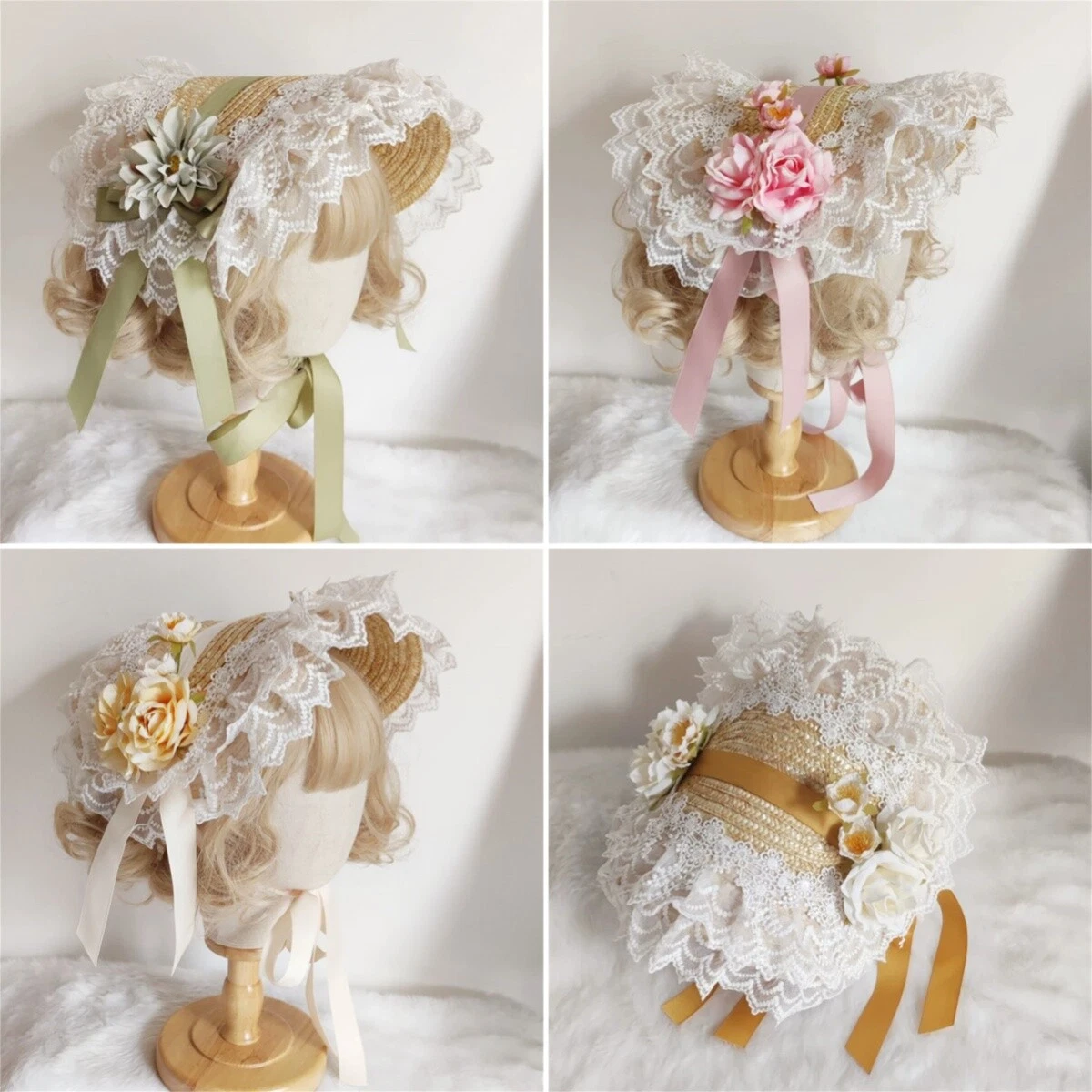 Handmade Bonnet Lolita Straw Hat Girl Woman Hat with Lace Ribbon Silk Flowers