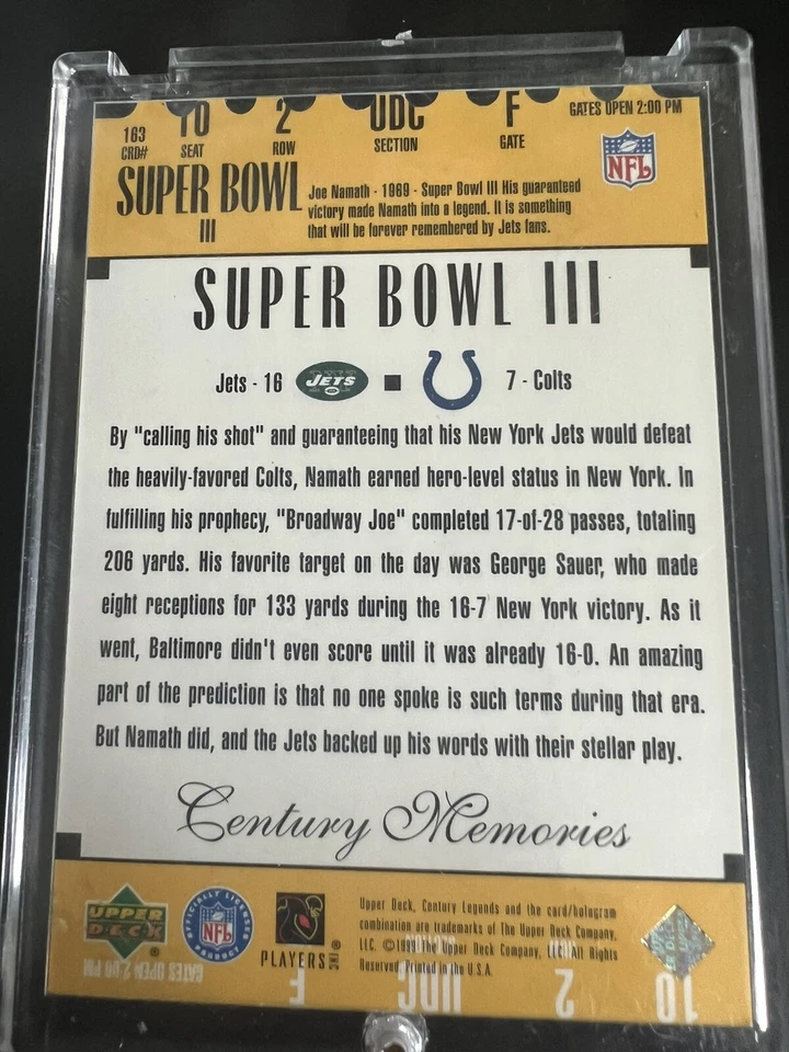 Super Bowl III JETS WIN 1999 Upper Deck Century Legends Football Die Cut 37/100  - Image 2 of 2