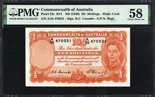 Australia 10 TEN Shillings P25c R14 1949 Coombs Watt PMG58 Choice aUNC Banknote