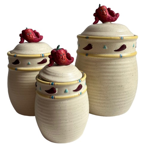 Vintage Southwestern Chili Pepper Kitchen Decor, Stoneware Jars, Wall Hooks - Picture 2 of 9