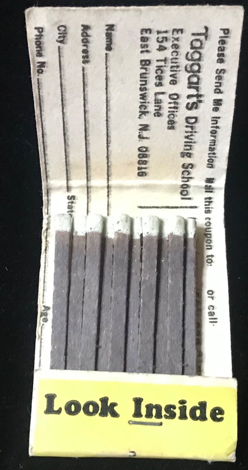 TAGGART’S DRIVING SCHOOL East Brunswick NJ VTG FULL Matchbook yellow A