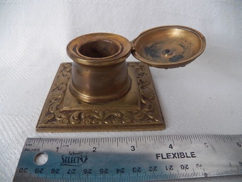 Brass Inkwell w/ ink cup hinged lid ornate square base scroll pattern no liner - Picture 3 of 7
