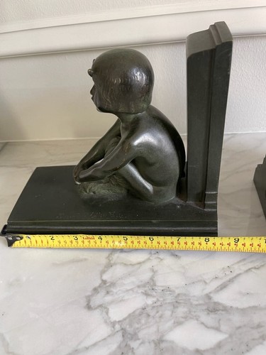 Par de sujetalibros de bronce Art Deco antiguo Paul Silvestre - niño y niña sátiro - década de 1920 - Imagen 7 de 11