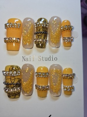 Press On Nails Yellow Short Coffin Y2k Bangle Bracelet Water Aqua Nails