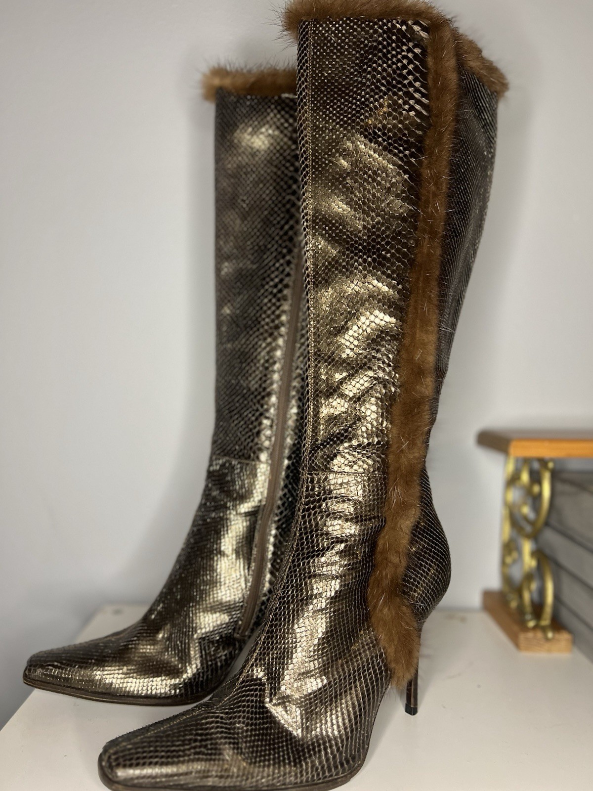 Sergio Rossi Python Knee High Boots Mink Fur Trim… - image 3