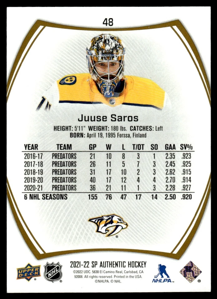2021-22 SP Authentic Limited Gold Juuse Saros 65/99 Nashville Predators #48 - Image 2 of 2