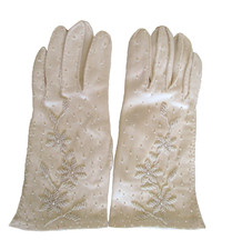 Vintage 50s Fancy Ivory Cotton Pearl Micro Beaded Gloves S/M Wedding